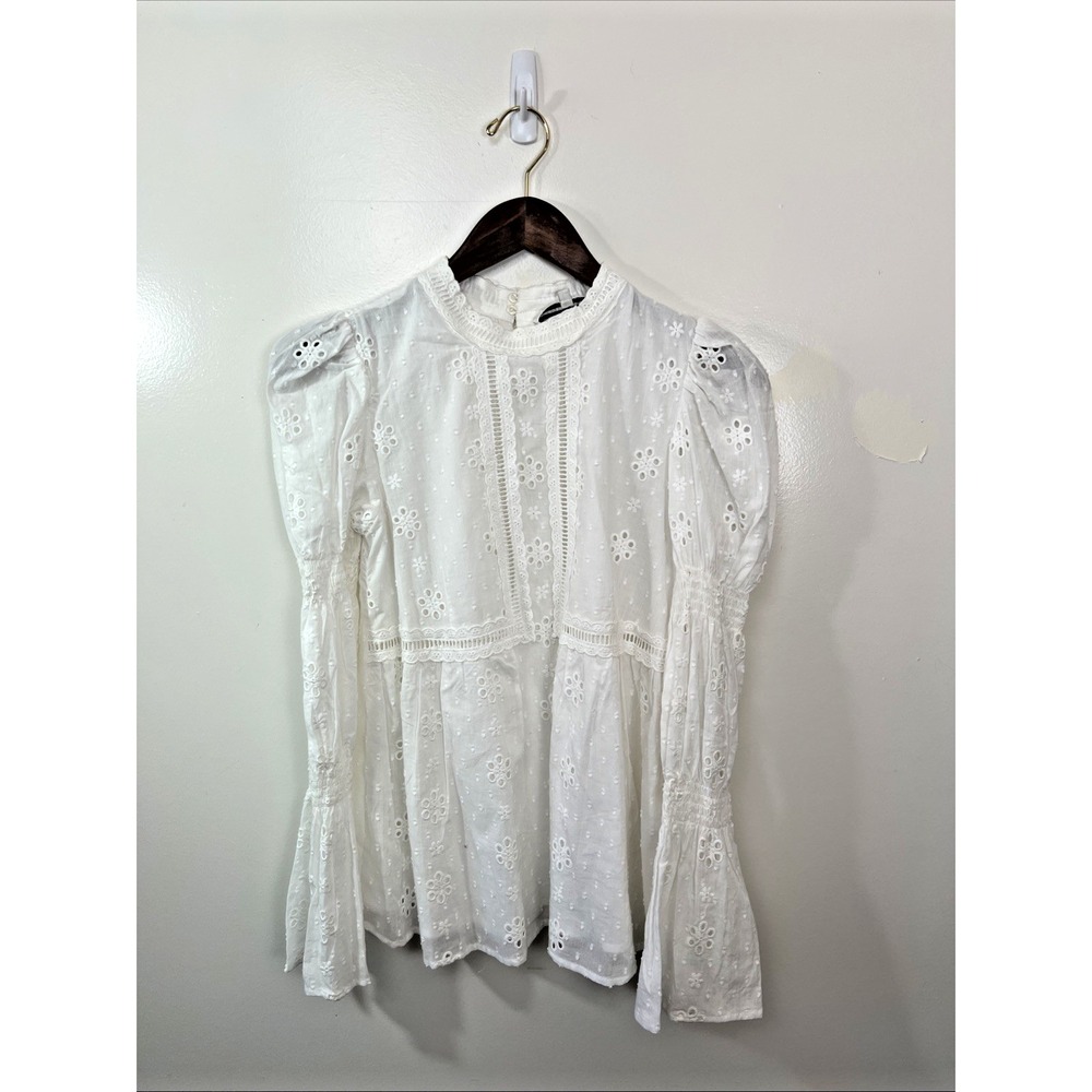 English Factory Womens High Neck Eyelet Puff Sleeve Blouse XS Cottage Edwardian